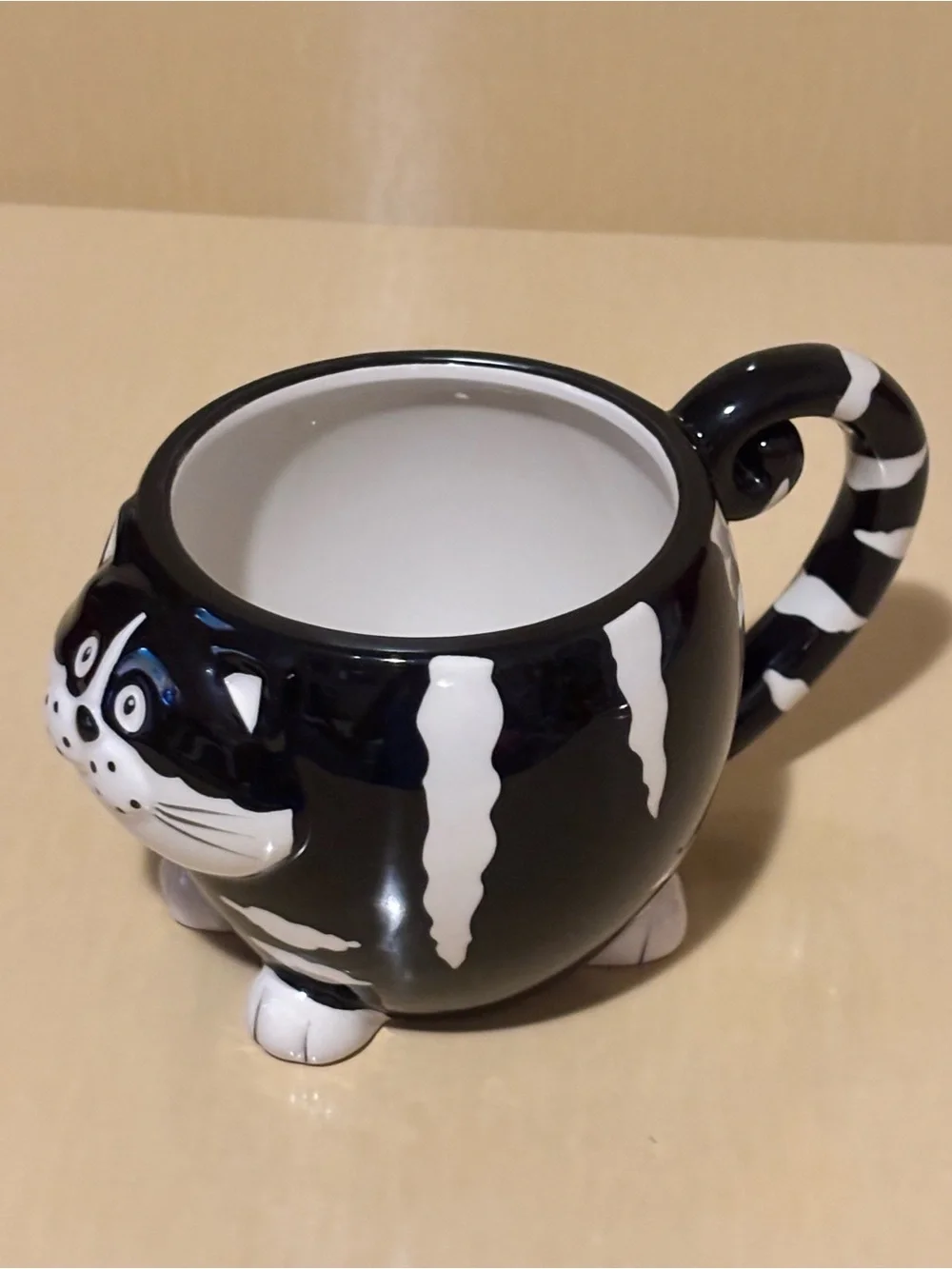 Pier 1 Imports Black & White Striped Chubby Cat Mug. Ceramic
